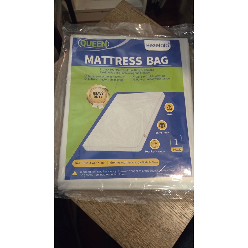 Hezefafa Queen Mattress Bag Heavy Duty 3 Mil Moving Storage Cover 100x64x15 1PK